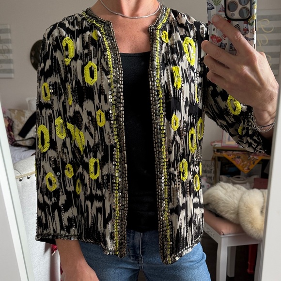 ASOS Jackets & Blazers - ASOS Beaded Embellished Jacket Neon Sequin Festival Boho Open Front Size 6